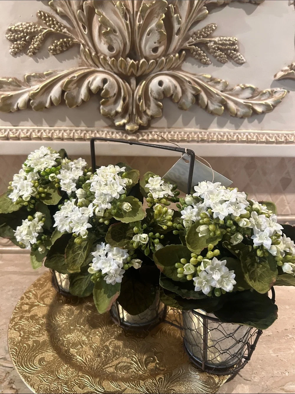 NWT Decorative White Kalanchoe Trio in Wire Buckets -